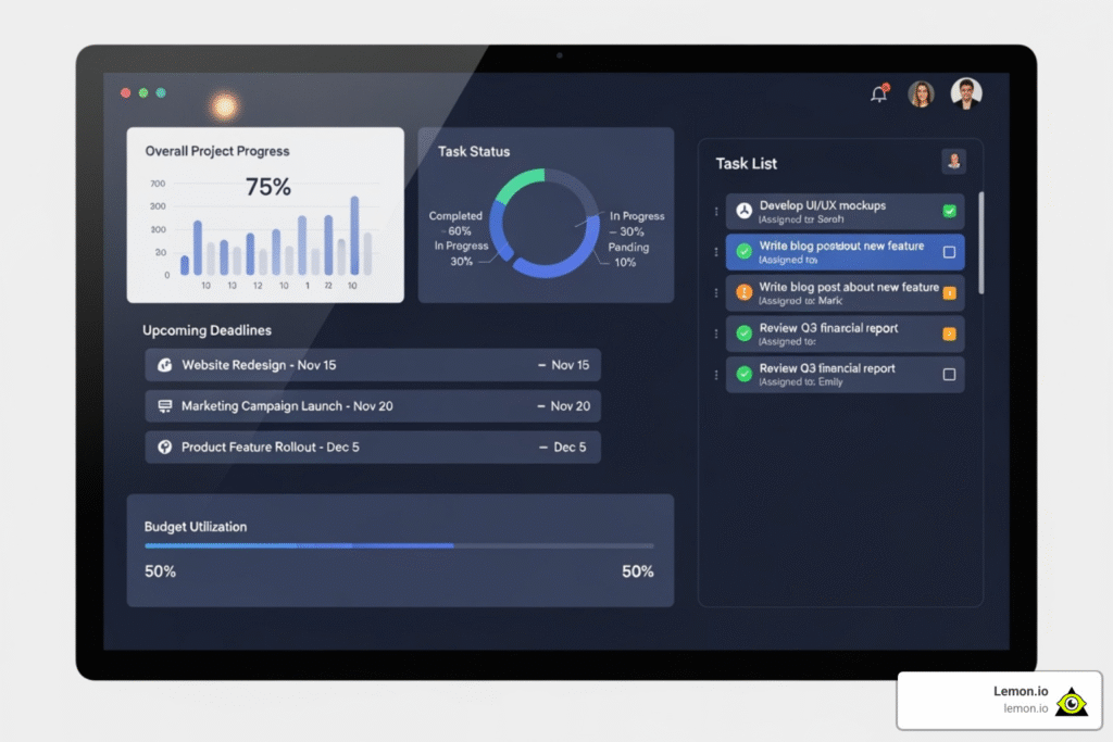 ClickUp's customizable dashboard showing various widgets, task lists, and project progress, custom to a user's specific needs. - free task management software for individuals