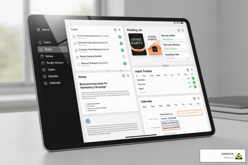 A personalized Notion dashboard for life organization, featuring sections for tasks, notes, reading list, habit tracker, and a calendar view. - free task management software for individuals