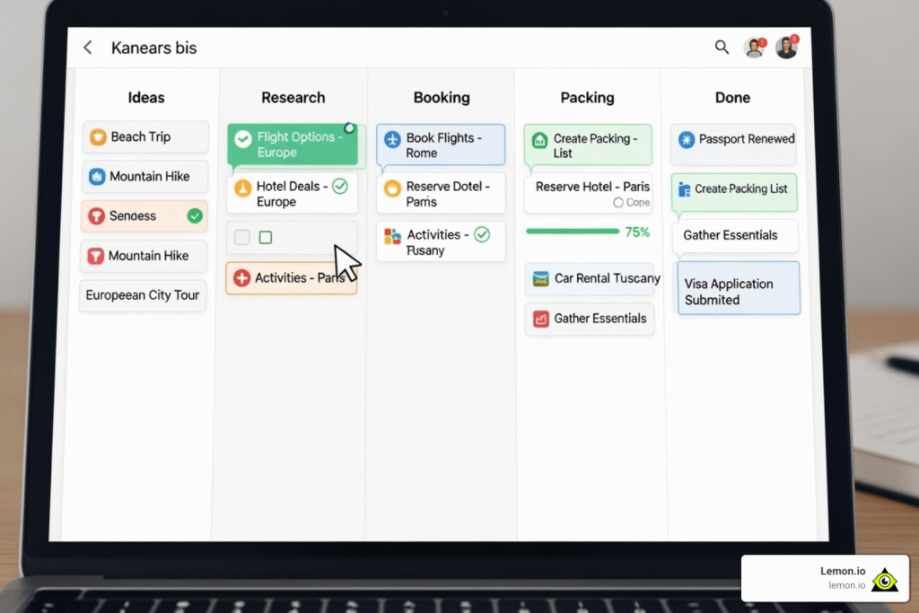 A personal Trello board for a vacation plan, showing lists for "To Do," "Booking Flights," "Accommodation," "Activities," and "Packed," with various cards and checklists within them. - free task management software for individuals