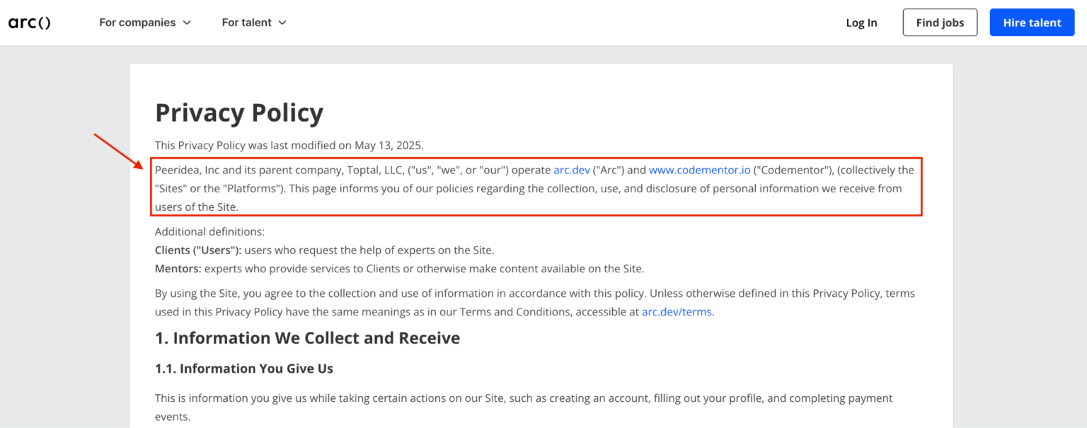 Arc.dev privacy policy