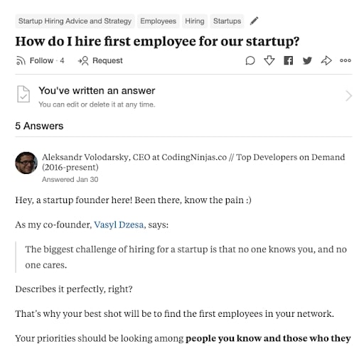 first employer for the startup