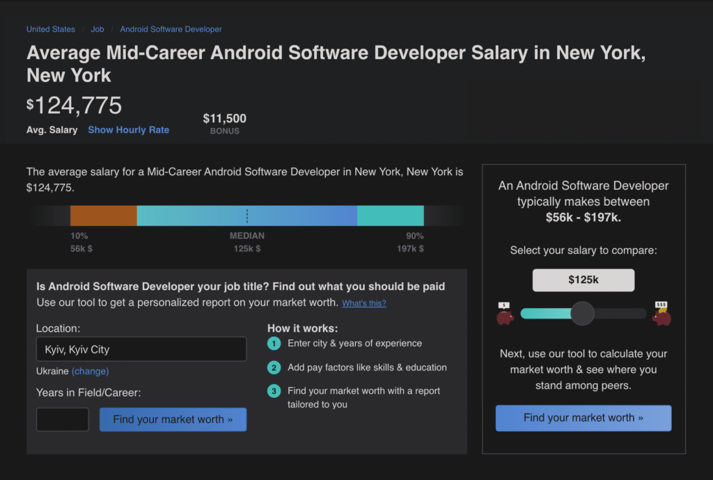 Middle Android developer's salary in NY