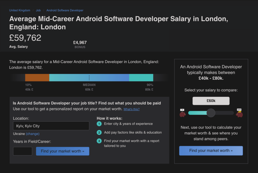 Mid-career Android developer's compensation in London